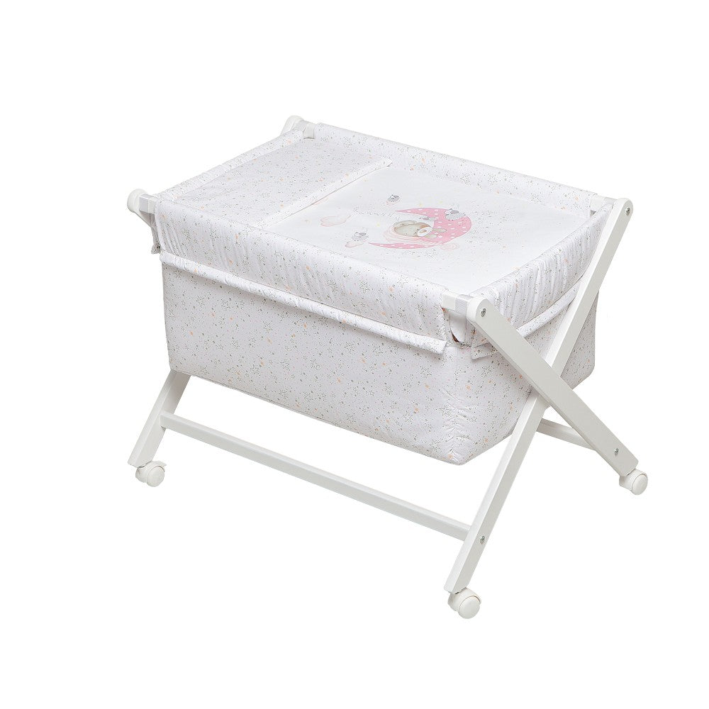 Berço Branco Faia+Lençóis+Vestimenta+Colchão Bear Sleeping Rosa Interbaby