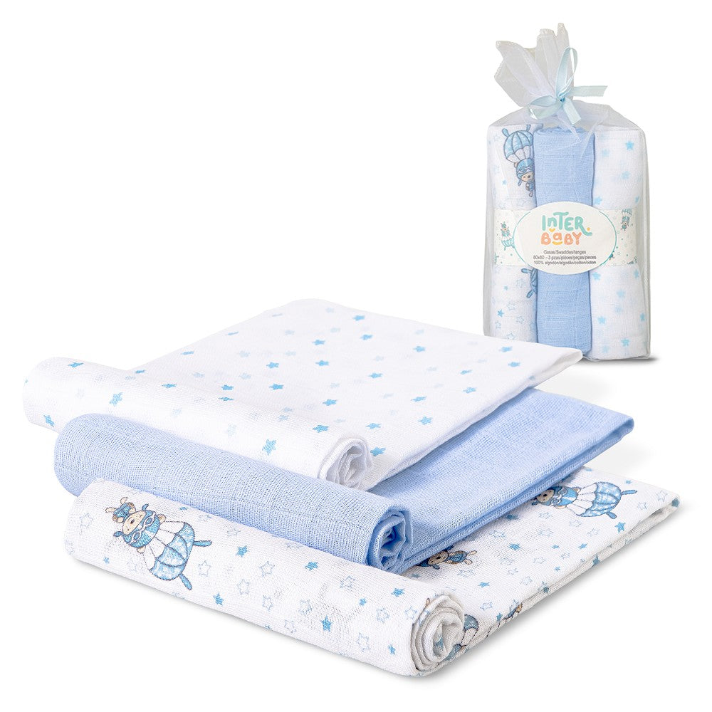 Fraldas 80X80 Pack 3 Unidades Paraquedista Azul Interbaby
