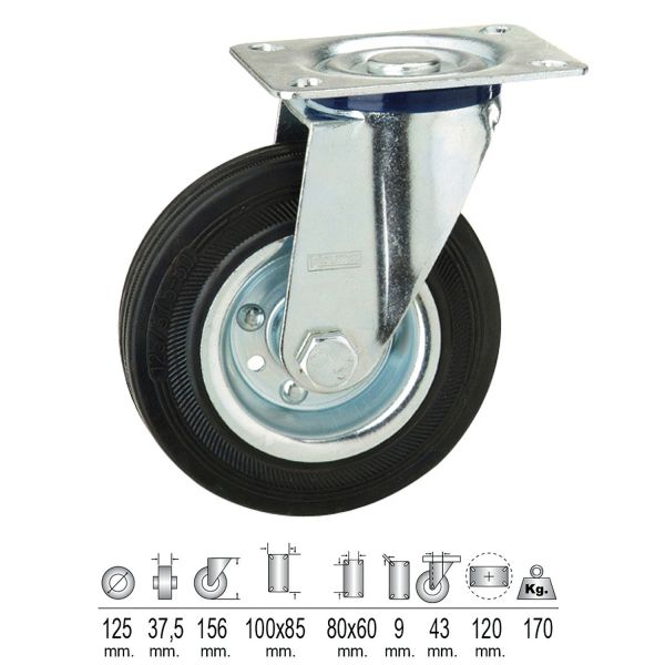 WOLFPACK Rueda Industrial Goma Negra Placa 125 mm. Af 11110310