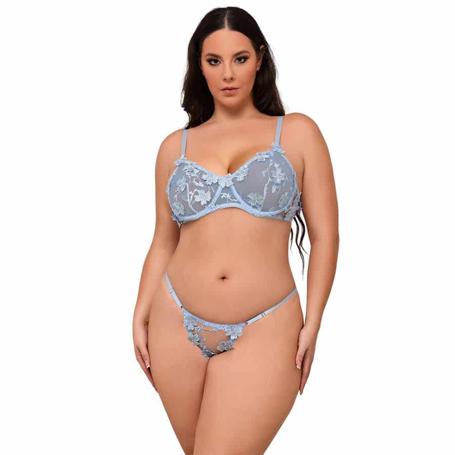 Subblime – 957636 Conjunto De Sutiã E Calcinha Bordados Com Flores Azul Celeste L/Xl