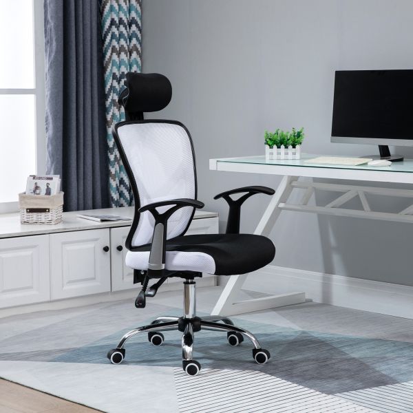 Vinsetto Cadeira Ergonómica Giratória Altura Ajustável Reclinável c/ Apoio p/ a Cabeça + Suporte Lombar 65x67x108-118cm Branco - 921-522WT