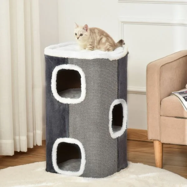 Pawhut Barril Arranhador 74cm de Altura Torre de Escalar com 3 Cavernas de Sisal e Pelúcia Plataforma de Velo 40x40x74cm Cinza