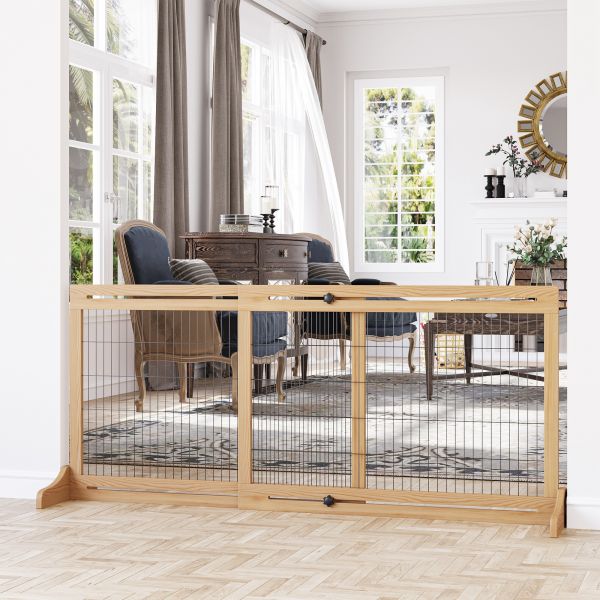 Pawhut Barreira de Segurança de Madeira Extensível com Pés de Suporte Barreira de Proteção Portas Escada Corredor 104-183x36x69cm Natural