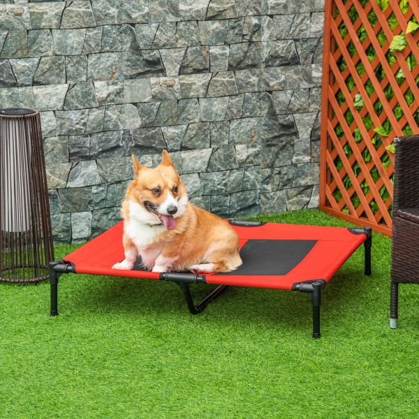 Pawhut Cama Elevada Cama de com Malha Transpirável e Tecido Oxford Exterior Interior Ar Livre Jardim Terraço 91,5x76,2x18cm Vermelho
