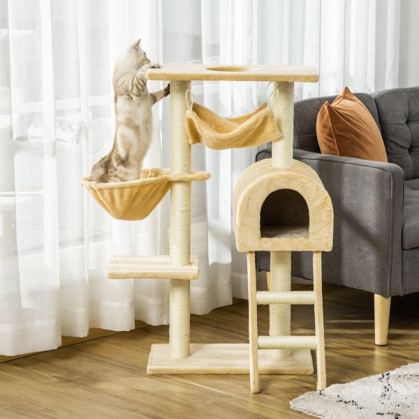 Pawhut Árvore Arranhador com Poste Ninho Cesta Rede Plataforma Casa e Escada de Veludo e Sisal Natural 54x29,5x98 cm Bege