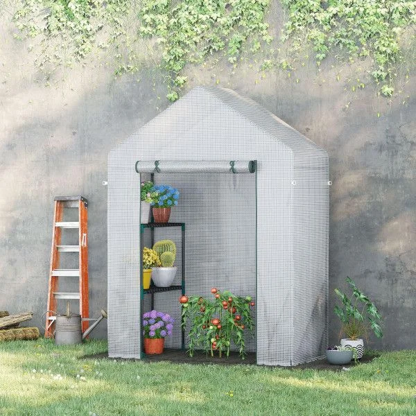 Outsunny Estufa de Jardim 143x73x195cm Estufa de Aço com 2 Prateleiras e Porta Enrolável Cultivos de Plantas Branco - 845-621