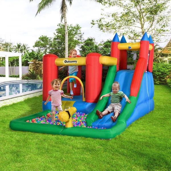 Outsunny Castelo Insuflável com Escorrega Trampolim Piscina e Pistola de Água com Inflador e Bolsa de Transporte