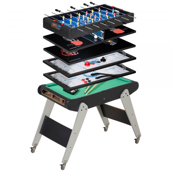 Homcom Mesa de Jogos 6 em 1 com Rodas Bilhar Matraquilho Ping Pong Lançamento de Anéis Hóquei no Gelo e Air Hóquei 120x88x79cm