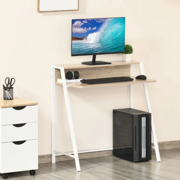 HomCom Secretária Mesa de Computador 84x45x85cm com Bancada de Madeira e Pés de Metal Estilo Moderno Carvalho e Branco - 836-055AK