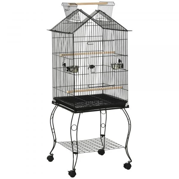 Pawhut Gaiola Pássaros com Suporte Rodas Bandeja Amovível 2 Comedouros e Prateleira Inferior de Metal 50x58x145 cm Preto