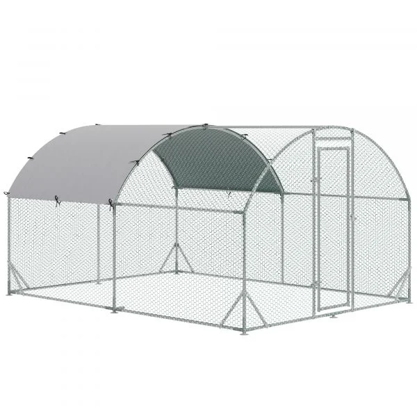 Pawhut Galinheiro Exterior 6-12 Galinhas de Aço Galvanizado com Teto de Tecido Oxford 2,8x3,8x1,97m Prata