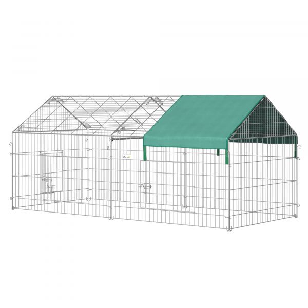 Pawhut Gaiola Gaiola Coelhos e Galinhas com 2 Portas e Proteção Solar 220x103x103cm Prata e Verde