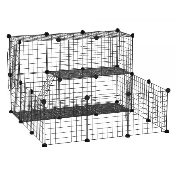 Pawhut Cerca Pequenos Diy com 24 Painéis com Grade Metálica Gaiola Modular Coelhos Chinchilas 105x105x70cm Preto