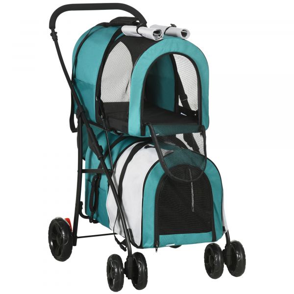 Pawhut Carrinho Duplo Dobrável com 2 Transportadoras Portáteis Cinto de Segurança 66x50x98 cm Turquesa e Cinza