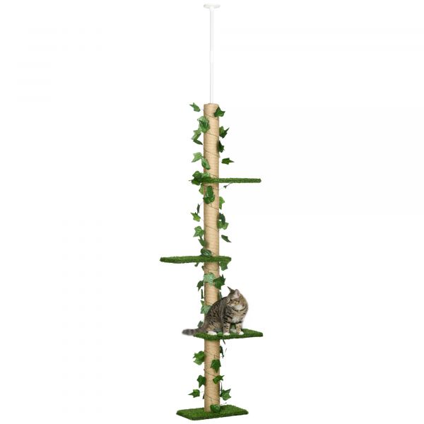 Pawhut Árvore do Chão Ao Teto 37x21x202-242 cm com 4 Plataformas de Relva Artificial Folhas Artificiais e Poste Verde