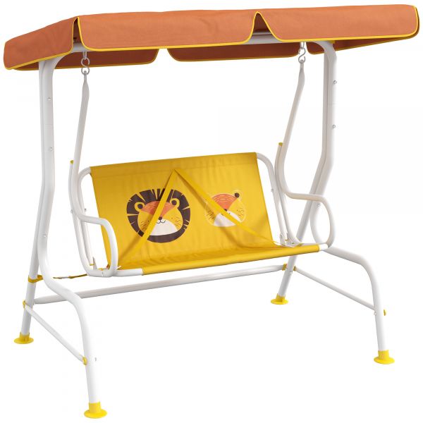 Outsunny Balanço de Jardim Exterior Balanço de Jardim Infantil de 2 Lugares com Padrão de Leão Carga 60 kg Amarelo 110x70x110 cm