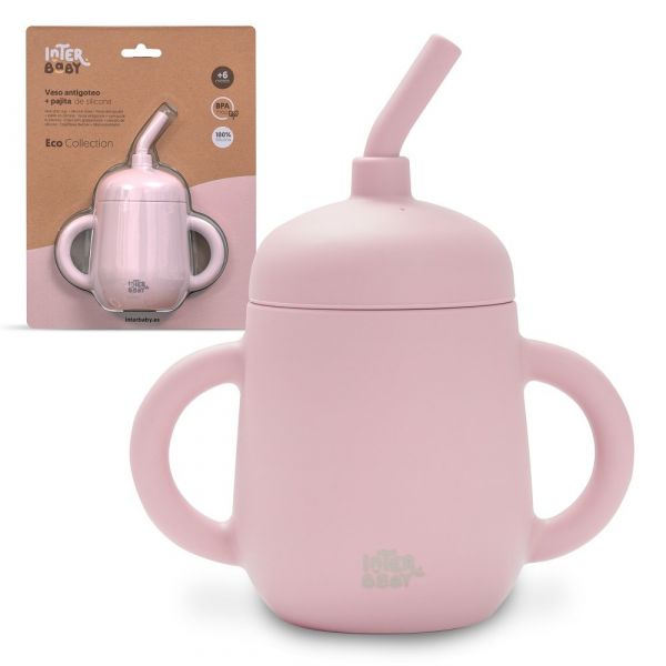 Interbaby Copo Anti Gota + Palha de Silicone Rosa Escuro