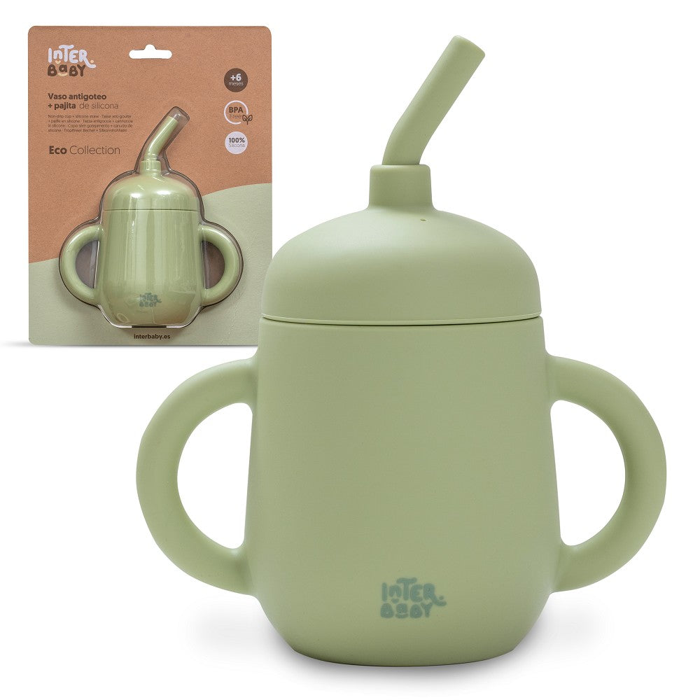 Copo Anti Gota + Palha De Silicone Verde Oliva Interbaby