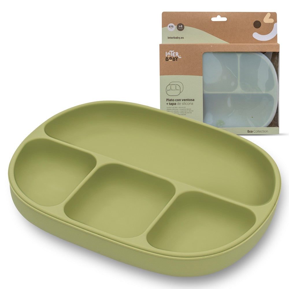 Prato De Silicone Com Ventosa E Tampa Verde Oliva Interbaby
