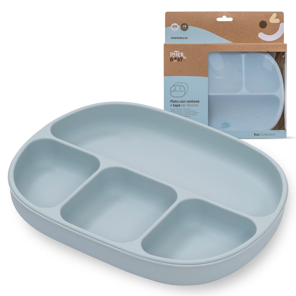Prato De Silicone Com Ventosa E Tampa Azul Cinzento Interbaby