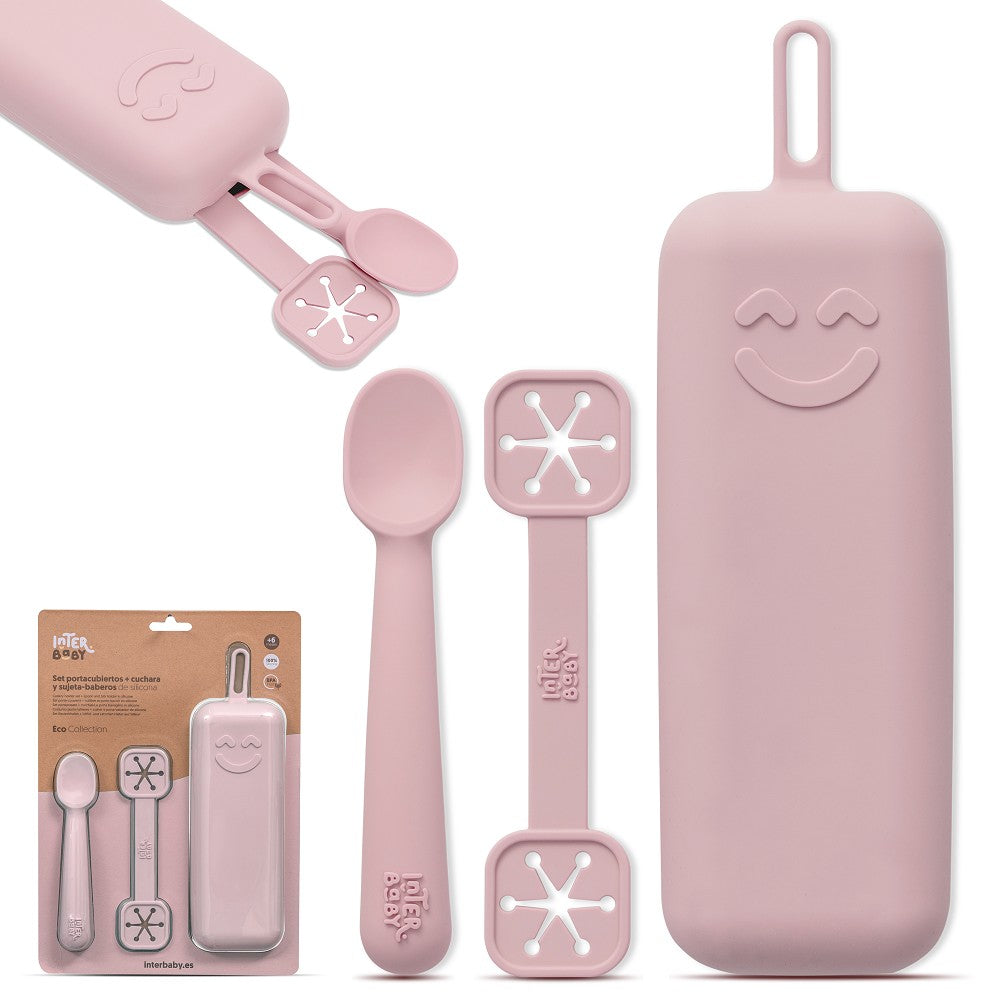 Conjunto Porta Talheres + Colher E Porta Babetes De Silicone Rosa Escuro Interbaby