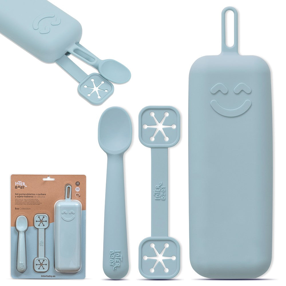 Conjunto Porta Talheres + Colher E Porta Babetes De Silicone Azul Cinzento Interbaby