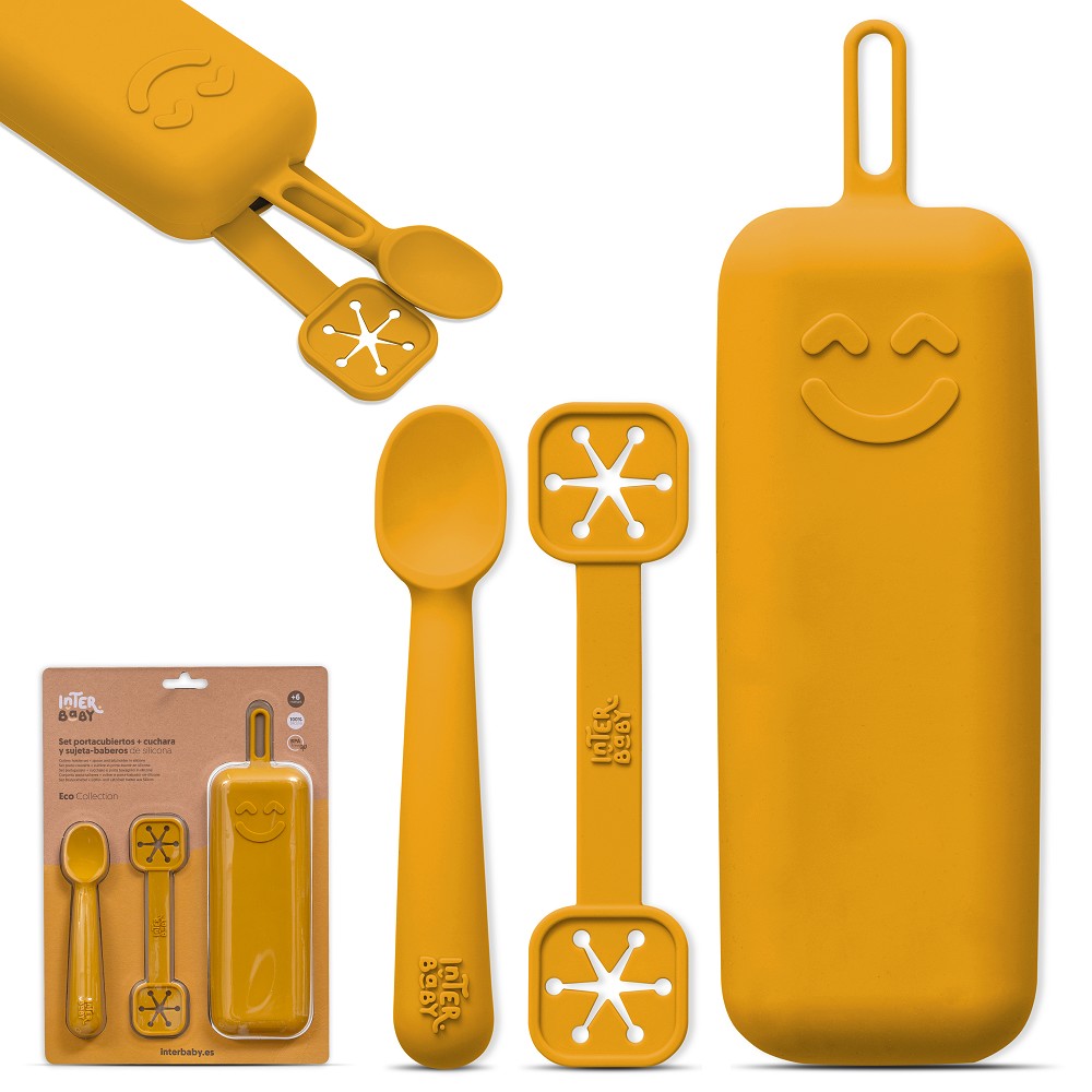 Conjunto Porta Talheres + Colher E Porta Babetes De Silicone Ocr Terra Interbaby
