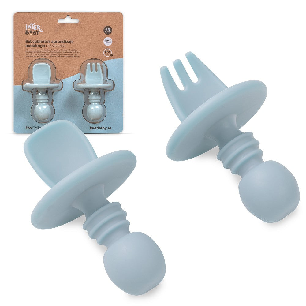 Conjunto De Talheres De Aprendizagem De Silicone (Anti Sufoco) Azul Cinzento Interbaby