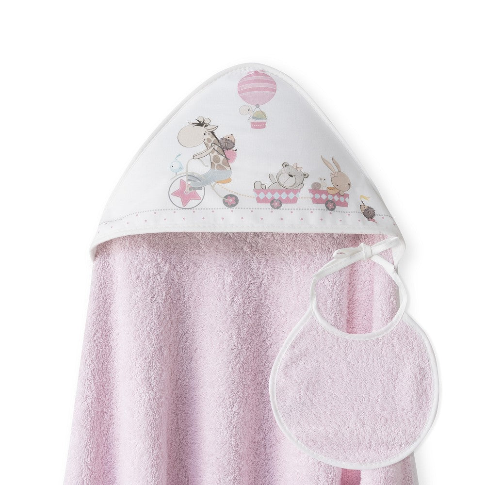 Toalha de banho 100X100 Algodão + Babete Jirafa Bicicleta Rosa Interbaby