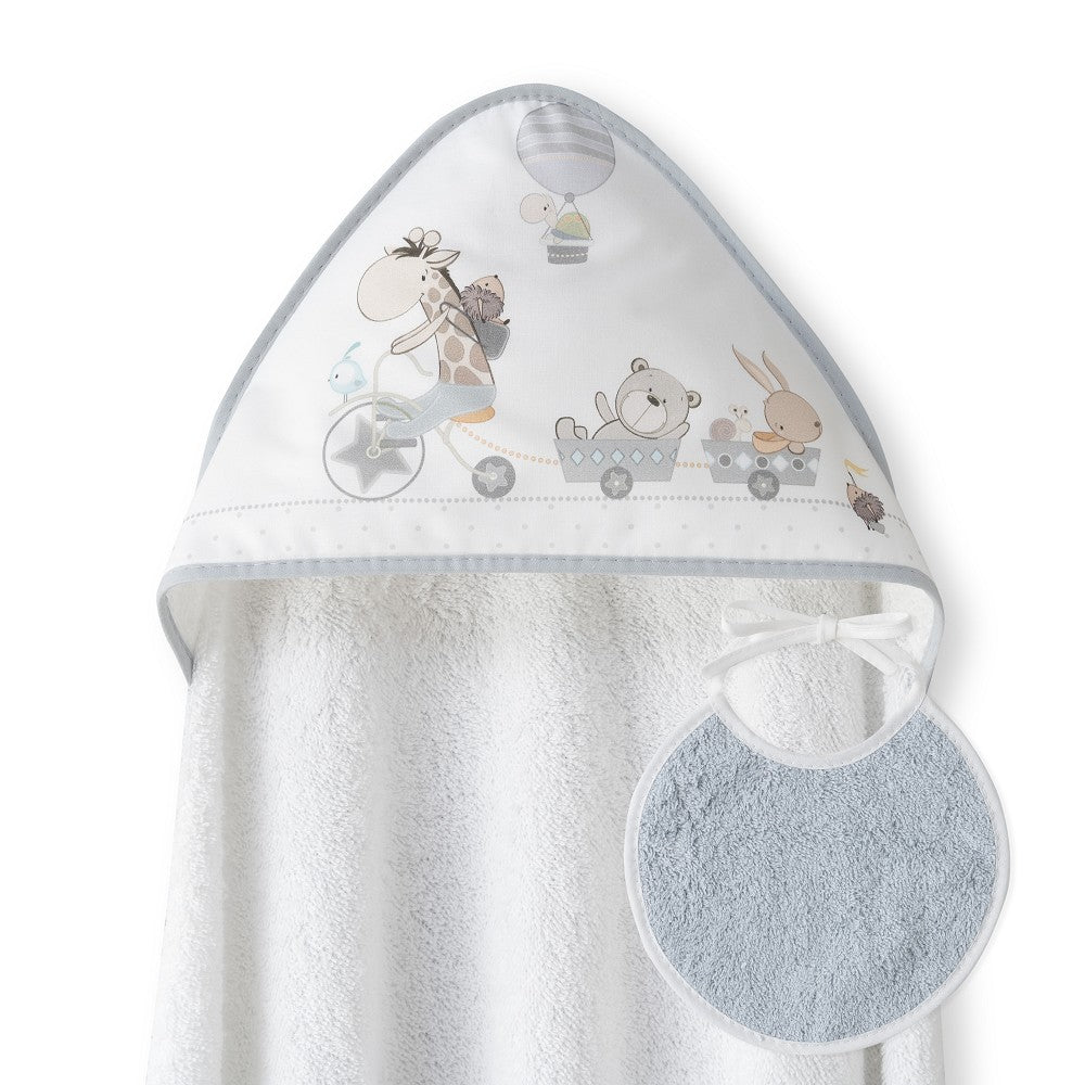 Toalha de banho 100X100 Algodão + Babete Jirafa Bicicleta Grigio Interbaby