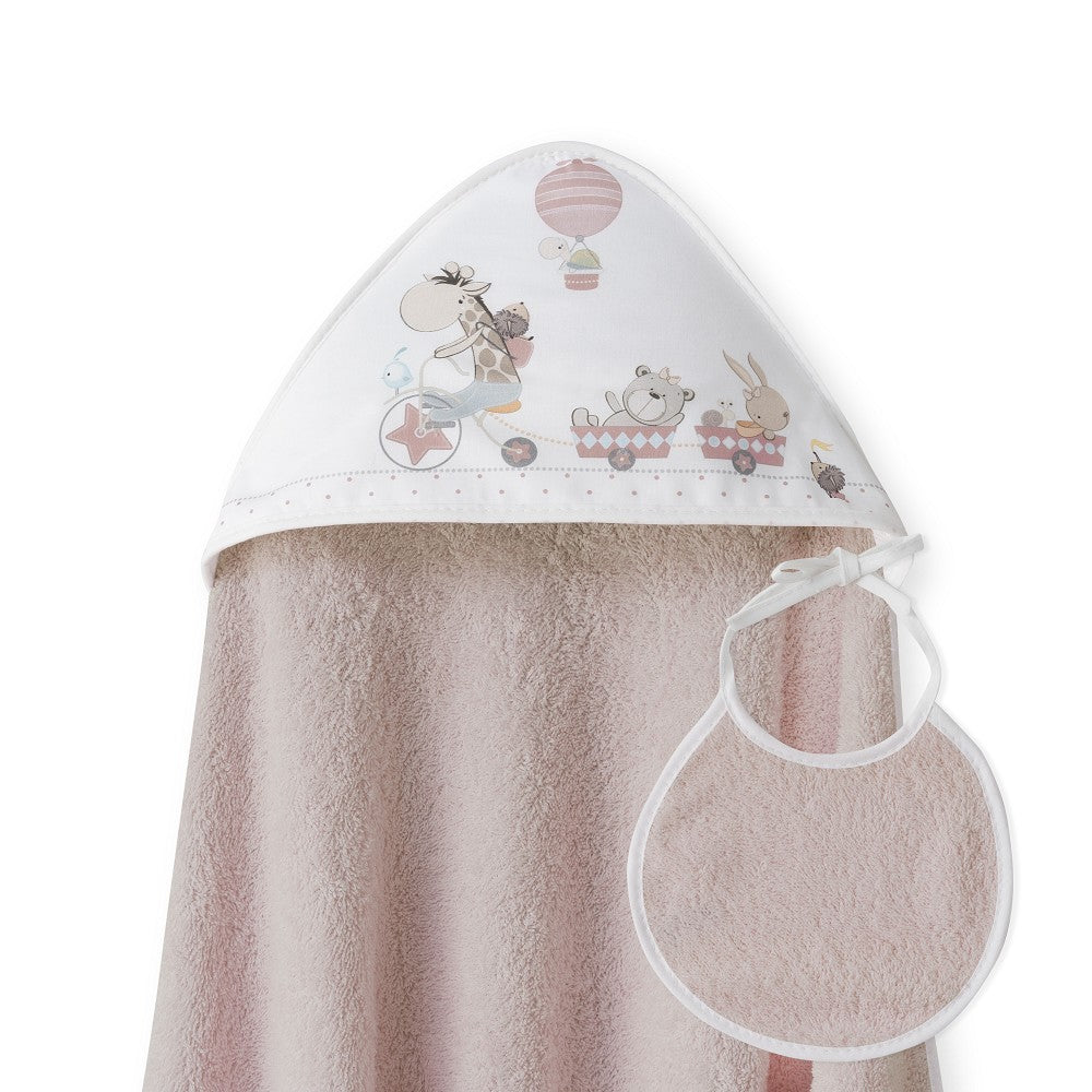 Toalha de banho 100X100 Algodão + Babete Jirafa Bicicleta Rosa Escuro Interbaby