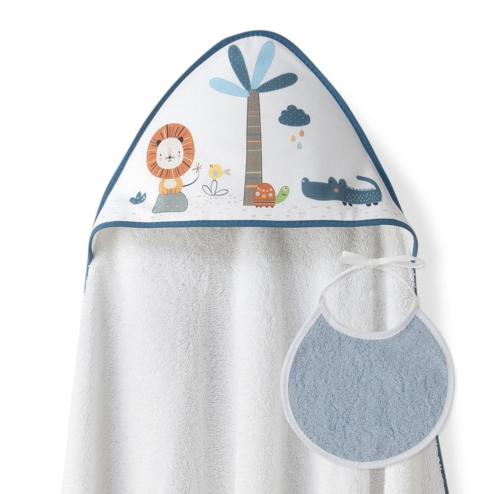 Toalha de banho 100X100 Algodão + Babete Leon Palmera Petrola Interbaby