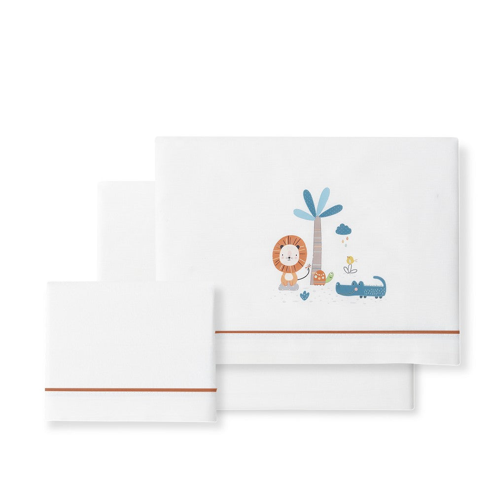 Jogo 3Pcs Berço(Lençol106X82+Lençol Colchão85X55X9+Almofada50X30+Chupetera)Algodão Leon P. Laranja Interbaby
