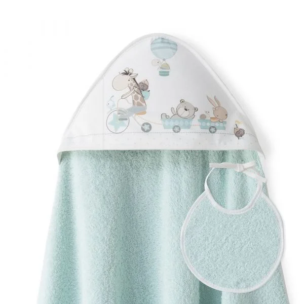 Interbaby Toalha de Banho 100X100 Algodão + Babete Jirafa Bicicleta Verde