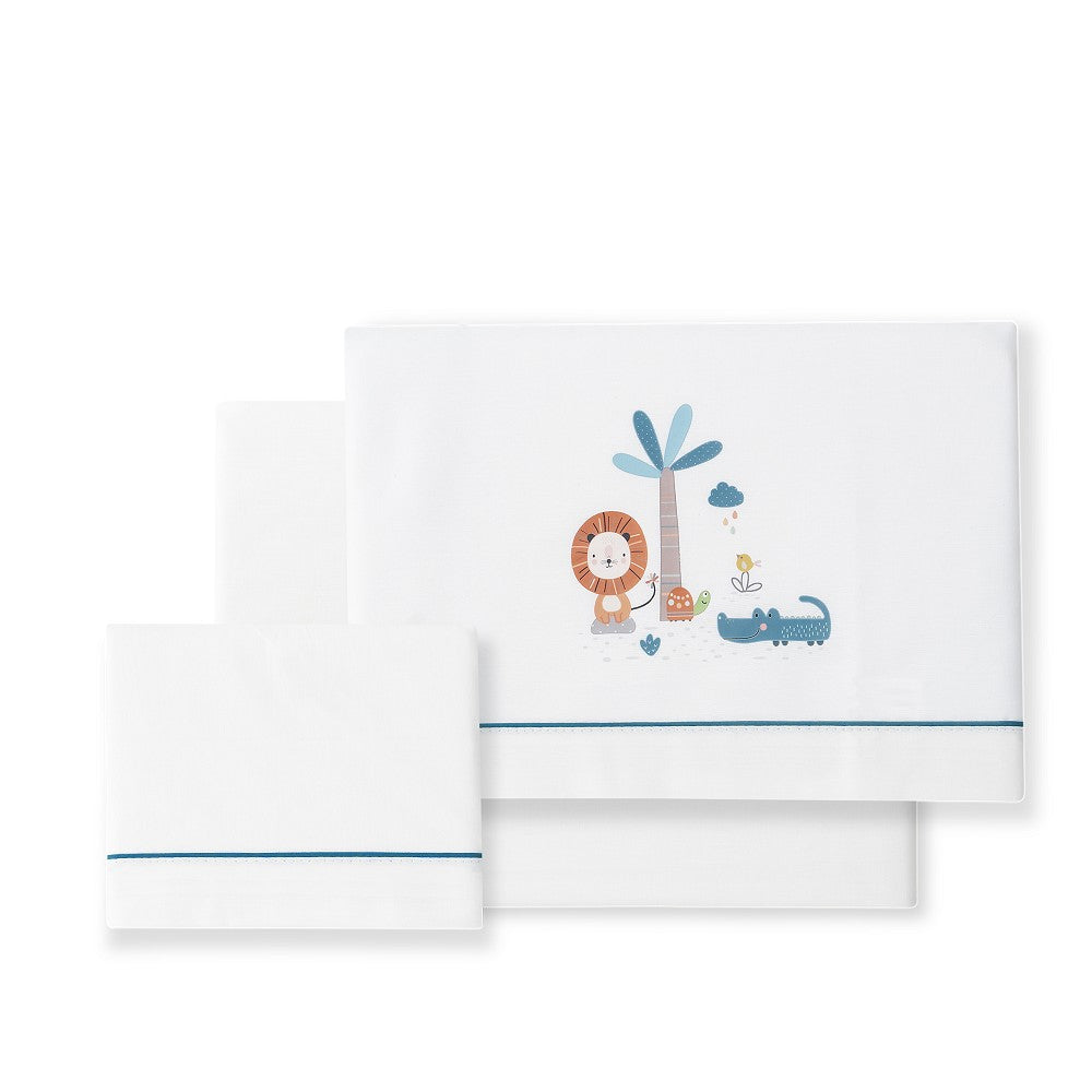 Jogo 3Pcs Cama 70X140(Lençol166X112+Lençol Colchão140X80X14+Almofada72X30)Alg. Leon Azul escuro Interbaby