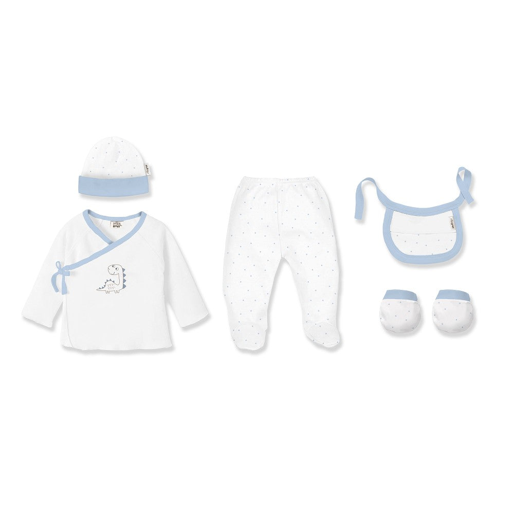 Conjunto 5 Pcs(Camisa+Calça+Luva+Babete+Meias)+Recém Nascidos(0 6 Meses) 100%Alg. Dinosauro Azul Interbaby
