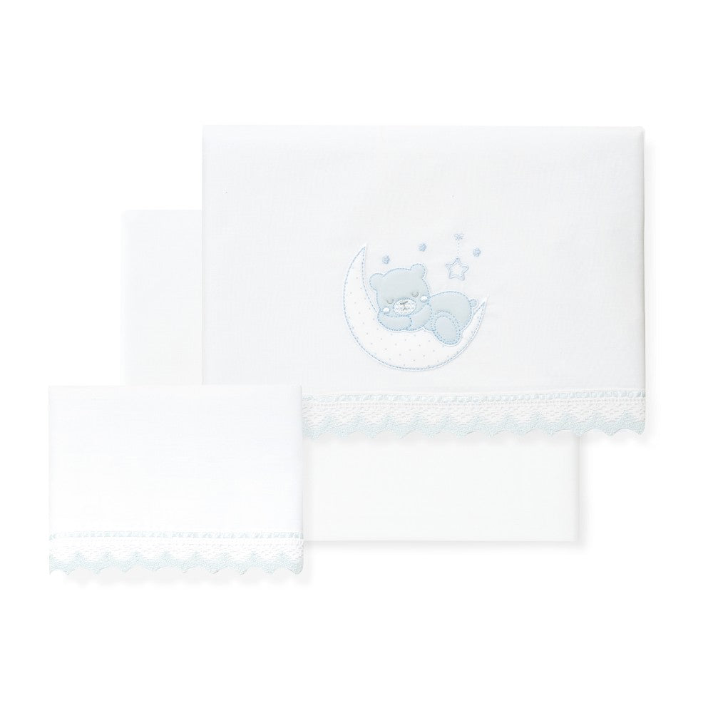 Jogo 3Pcs Cadeira Passeio(Lençol106X72+Lençol B.80X40X7+Almofada38X25)Algodão Oso Luna Azul Interbaby