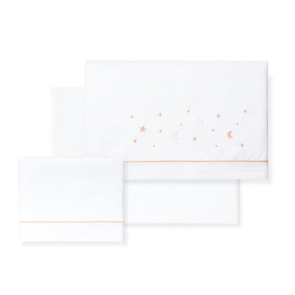 Jogo 3Pcs Berço(Lençol106X82+Lençol Colchão85X55X9+Almofada50X30) Algodão Estrellas/Luna Rosa Interbaby