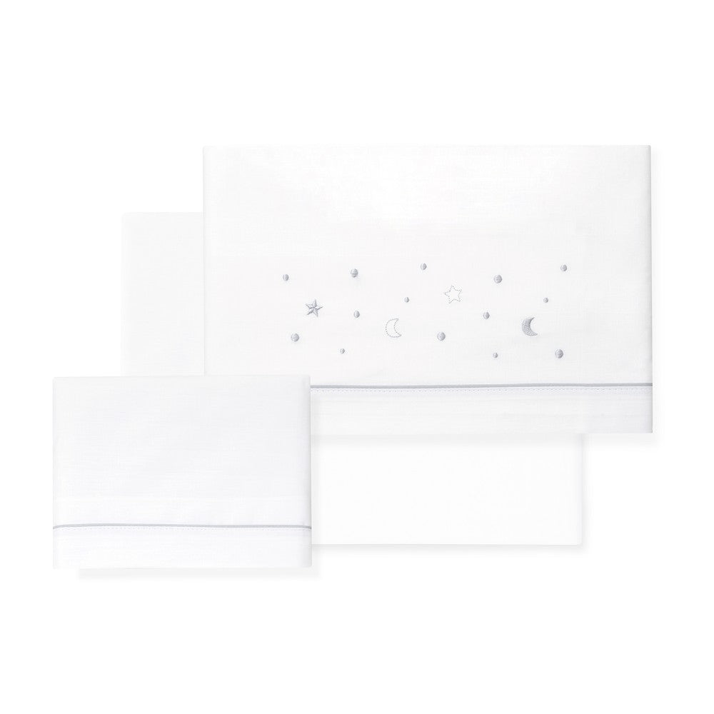 Jogo 3Pcs Berço(Lençol106X82+Lençol Colchão85X55X9+Almofada50X30) Algodão Estrellas/Luna Cinza Interbaby