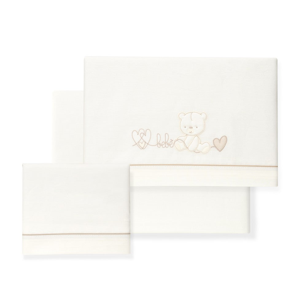 Jogo 3Pcs Berço(Lençol106X82+Lençol Colchão85X55X9+Almofada50X30) Algodão Corazon Oso Bege Interbaby