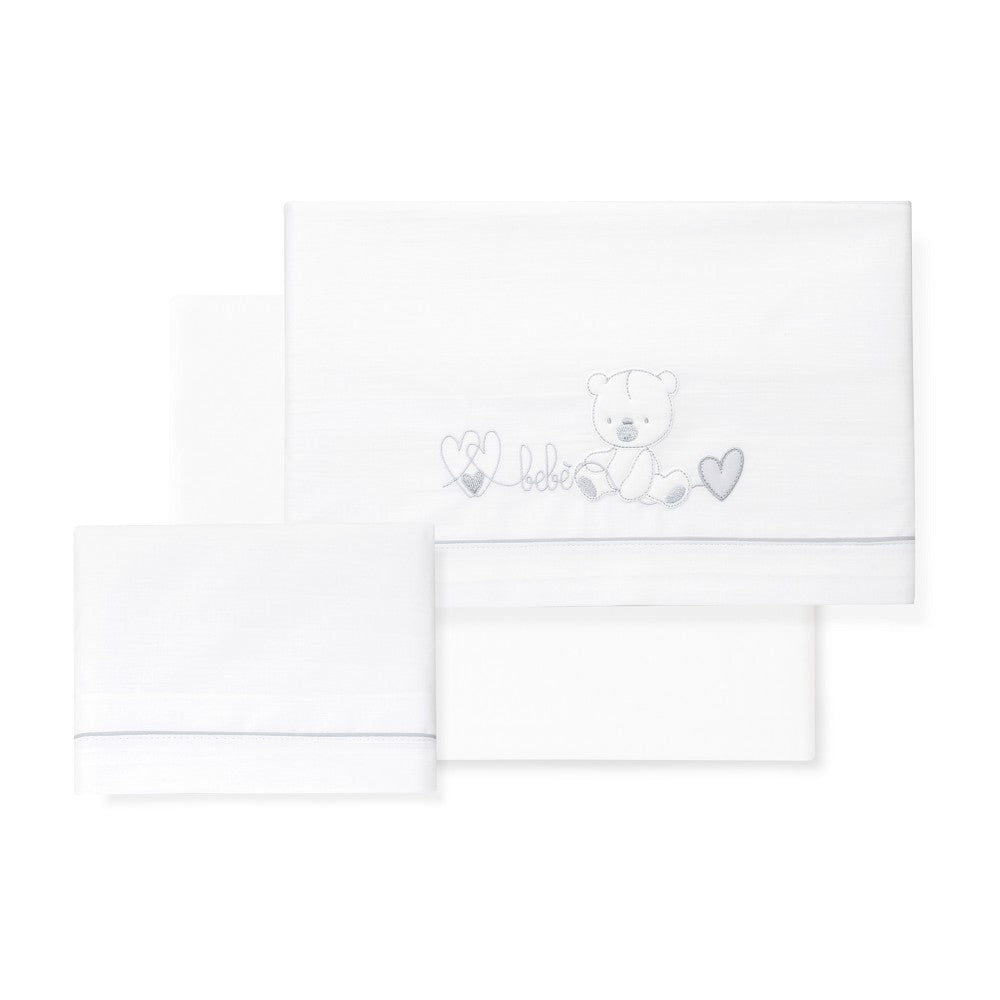 Jogo 3Pcs Berço(Lençol106X82+Lençol Colchão85X55X9+Almofada50X30) Algodão Corazon Oso Cinza Interbaby