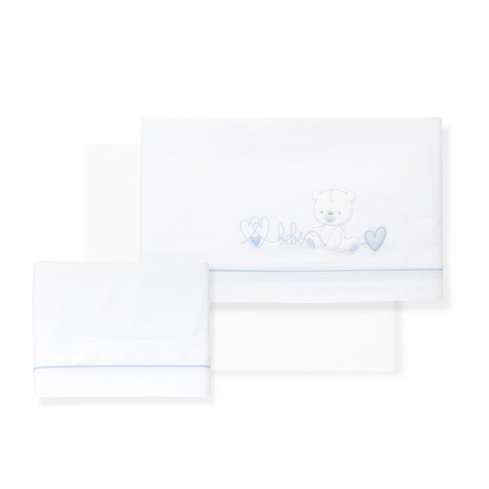 Jogo 3Pcs Cadeira Passeio(Lençol106X72+Lençol B.80X40X7+Almofada38X25)Algodão Corazon Oso Azul Interbaby