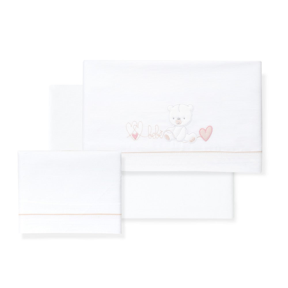 Jogo 3Pcs Cadeira Passeio(Lençol106X72+Lençol B.80X40X7+Almofada38X25)Algodão Corazon Oso Rosa Interbaby