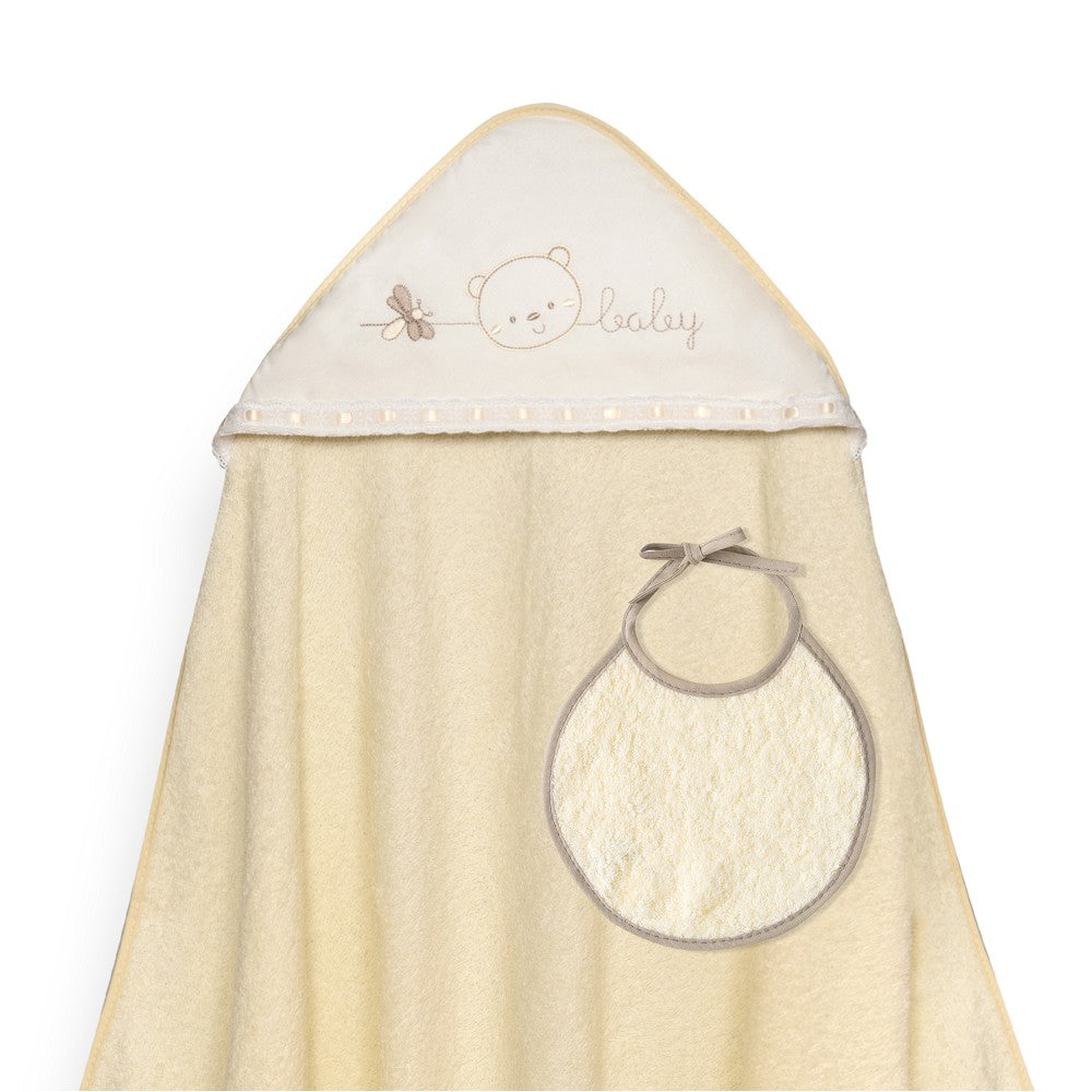 Toalha de banho 100X100 + Babete Cara Osito Baby Pasacinta Bege Interbaby