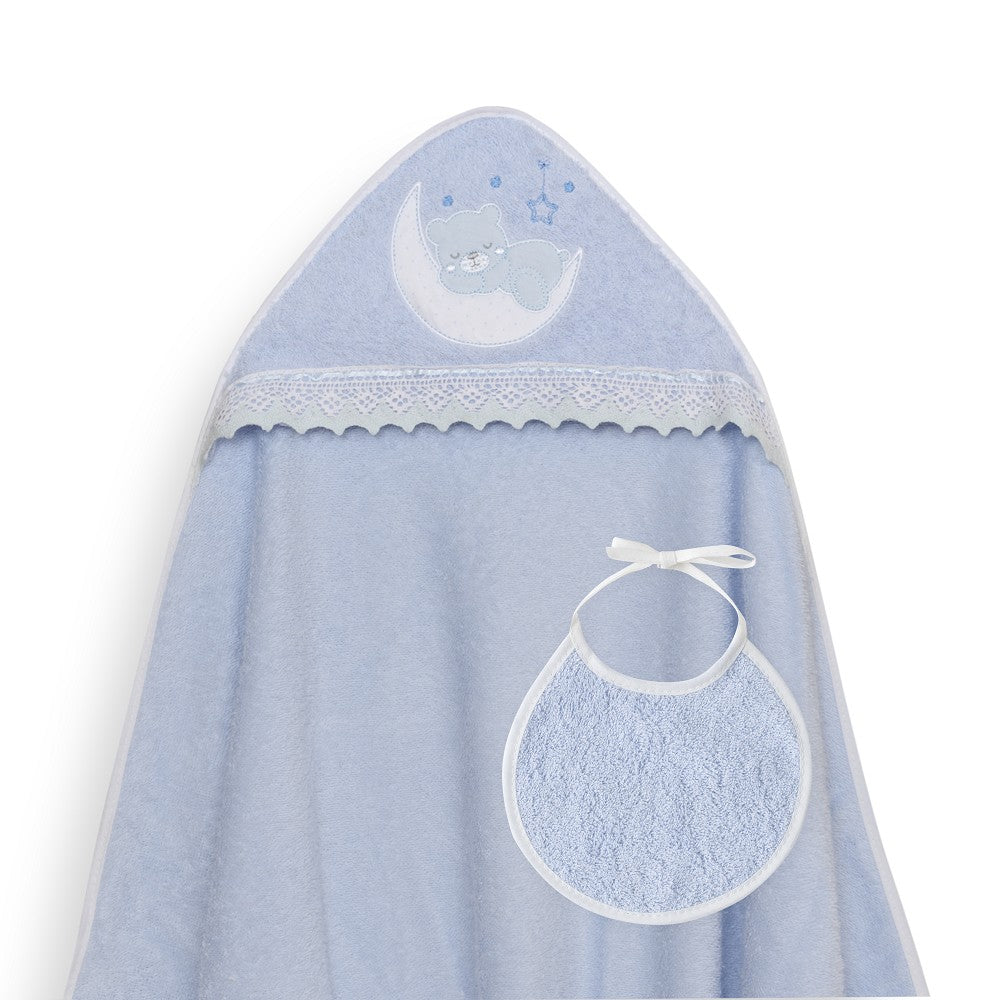 Toalha de banho 100X100 + Babete Osito Luna Guipur Azul Interbaby