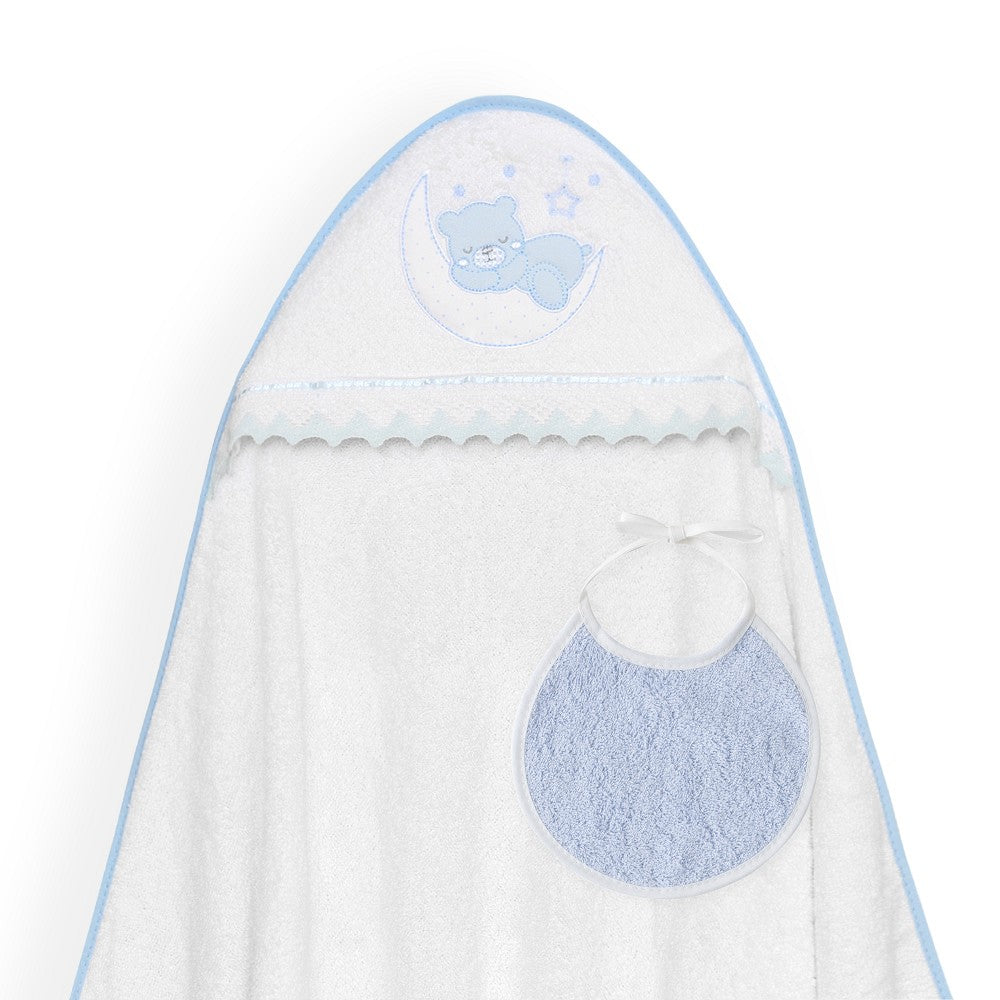 Toalha de banho 100X100 + Babete Osito Luna Guipur Azul Interbaby