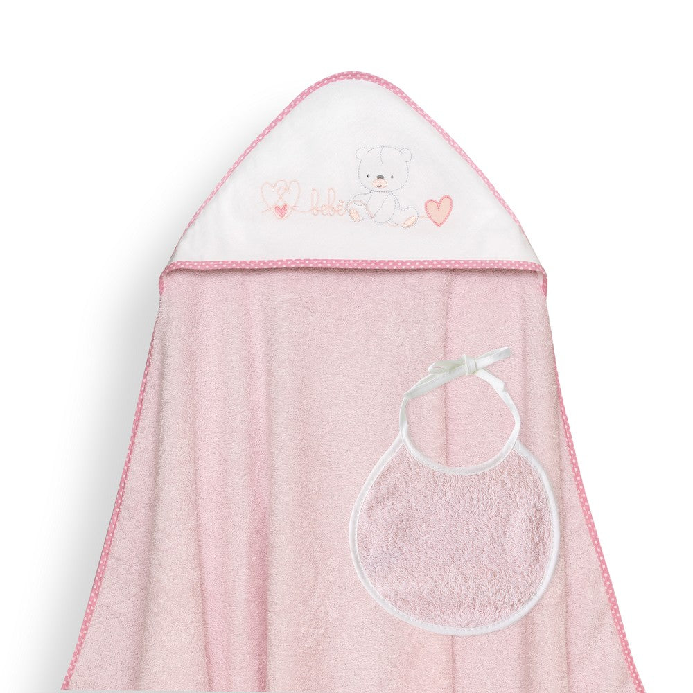 Toalha de banho 100X100 + Babete Corazones Bebe Osito Rosa Interbaby