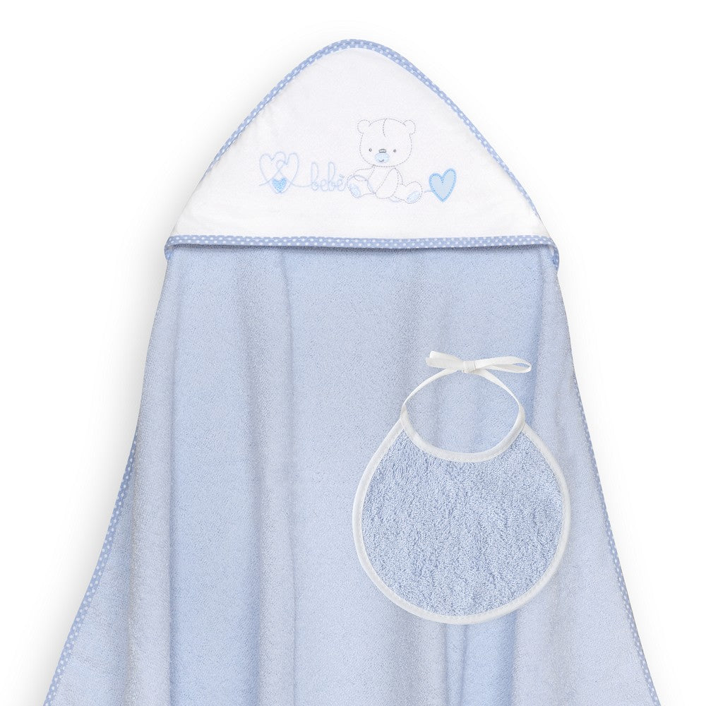 Toalha de banho 100X100 + Babete Corazones Bebe Osito Azul Interbaby