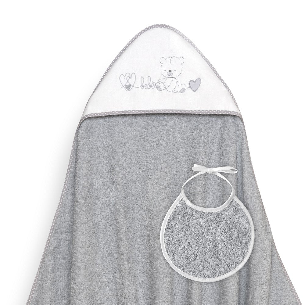 Toalha de banho 100X100 + Babete Corazones Bebe Osito Cinza Interbaby