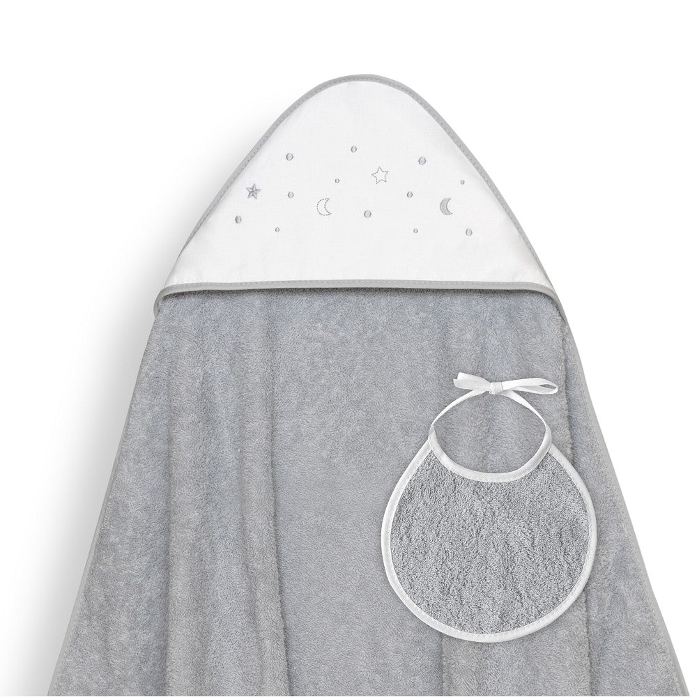 Toalha de banho 100X100 + Babete Estrellas Lunas Bodoques Cinza Interbaby
